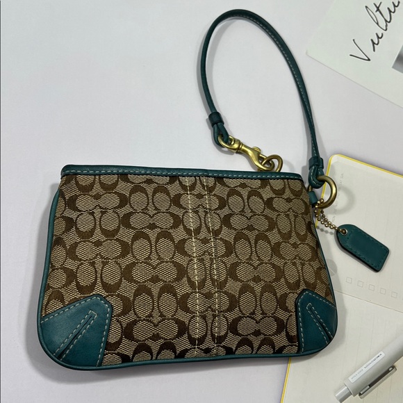 🌺 COACH SLIM BLUE POCKET LEATHER AND CANVAS SIGNATURE C WRISTLET BAG VINTAGE - Picture 2 of 10